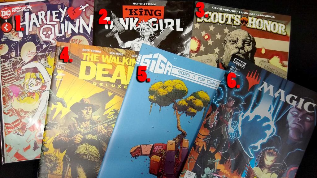 May 2021 Giveaway choices: Harley Quinn; Tank Girl; Scout's Honor; Walking Dead; Giga; Magic